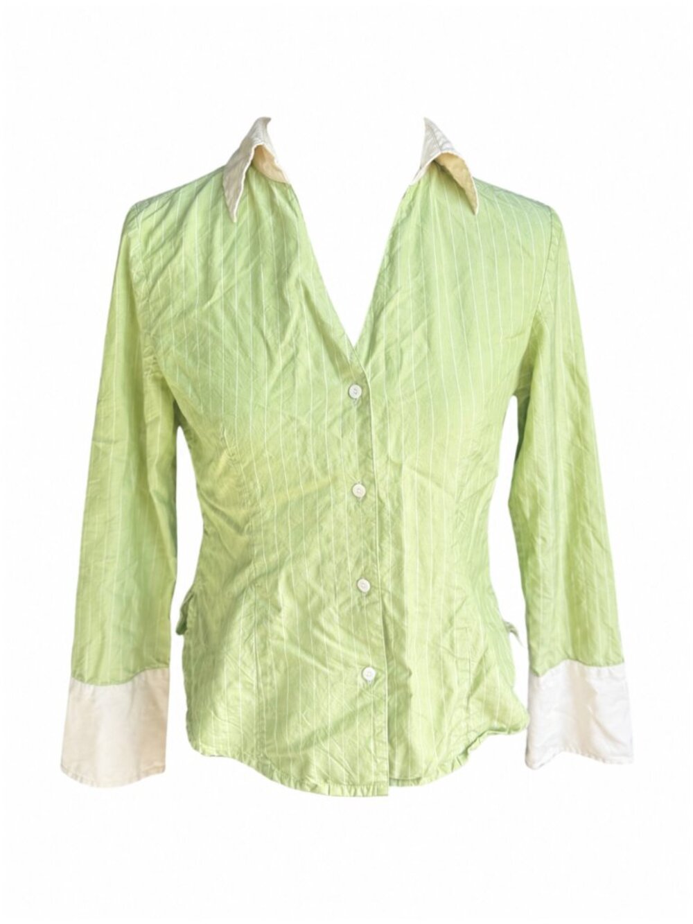 Tracy M light green/lime silk pinstripe collared button down top